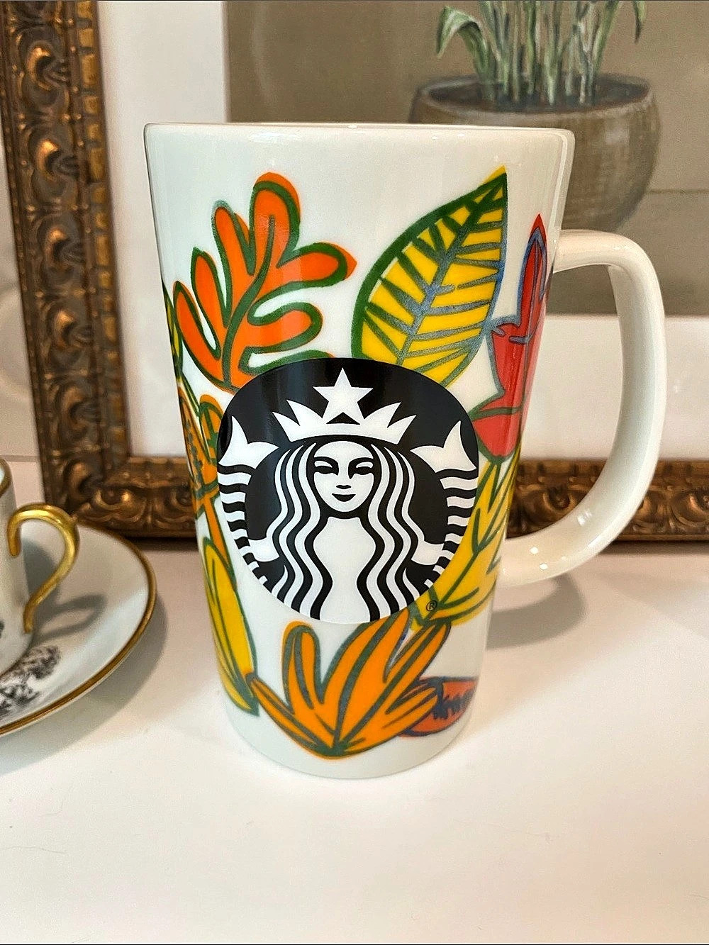 Starbucks 2016 Fall Leaves Tall Ceramic Mug White & Orange